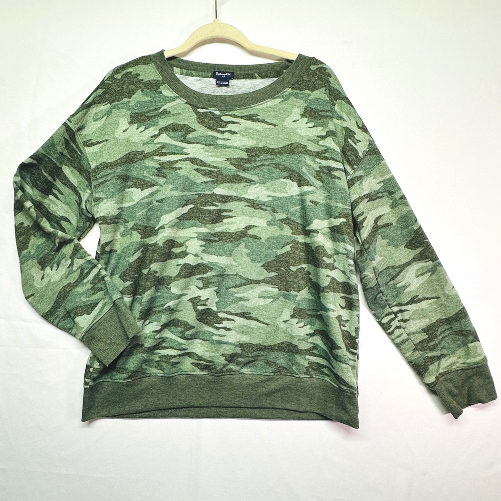 Splendid Green Camo Sweatshirt Lightweight Soft‎ Crewneck Long Sleeve Women's L